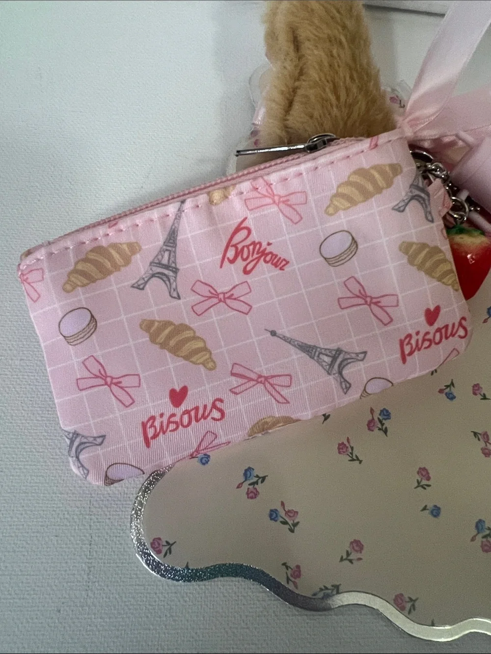 Dream Pink Coin Purse w Wrist Strap and Croissant, Strawberry, Tumbler Charms